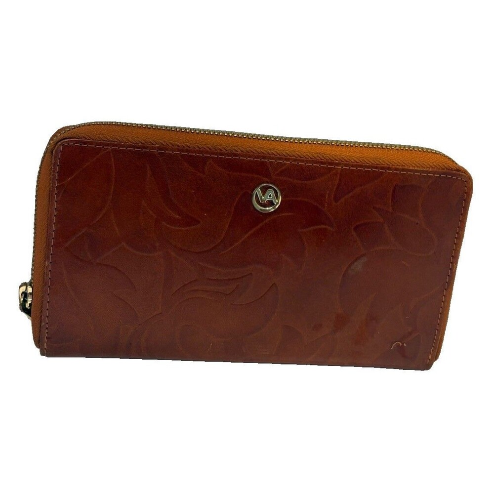 Valentina Italy Embossed Leaf Leather Zip Card Clutch Continental Wallet Tan